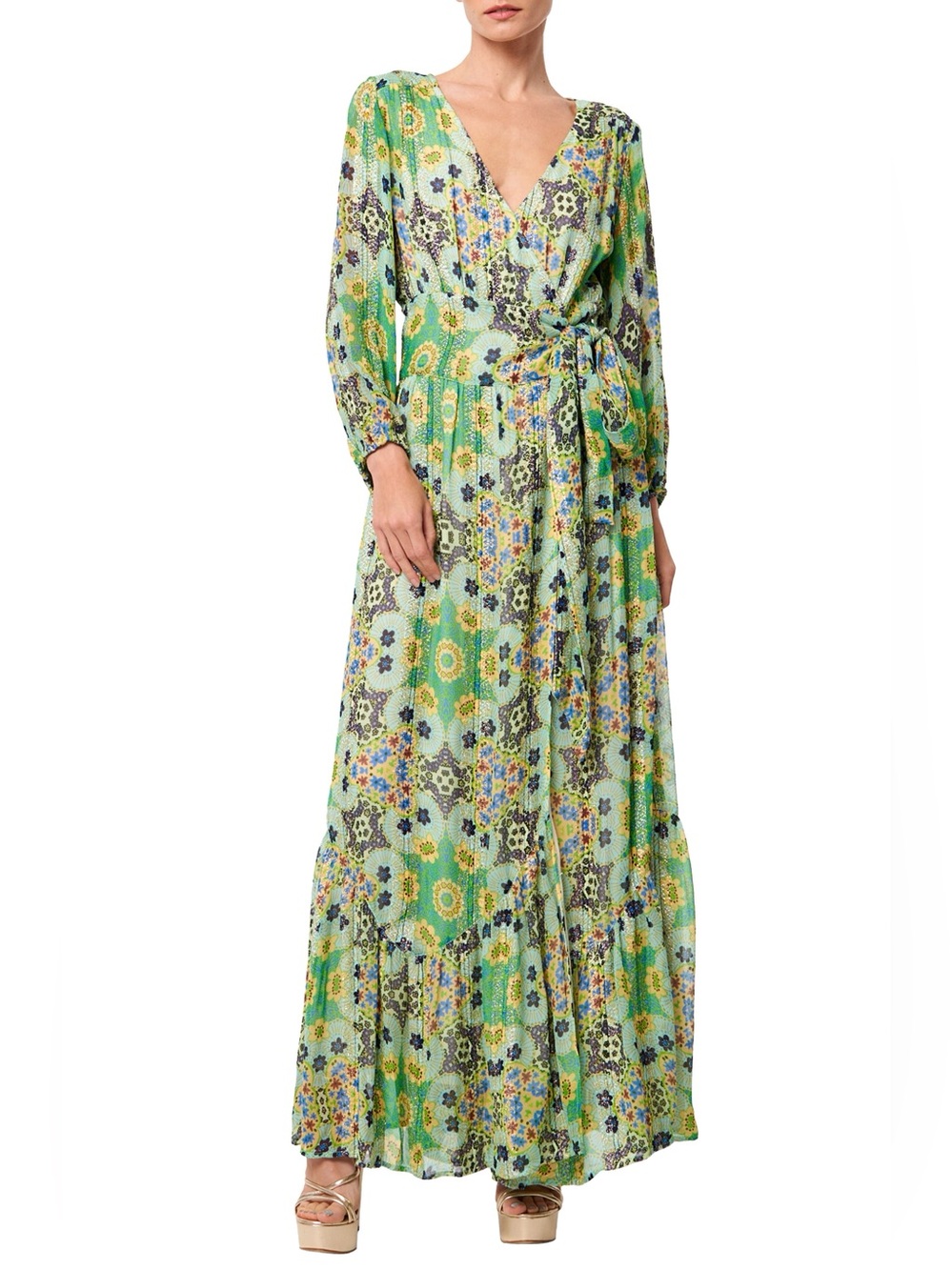 CIEBON Shani Metallic Floral Print Long Sleeve Lined Wrap Dress